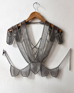 Falconiere Ribbon Bodice - Silver Chainmail Apron - made to order 3-6 weeks
