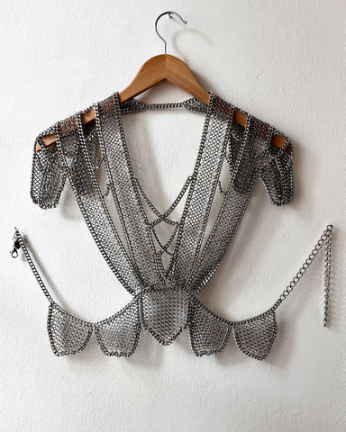 Falconiere Ribbon Bodice - Silver Chainmail Apron - made to order 3-6 weeks