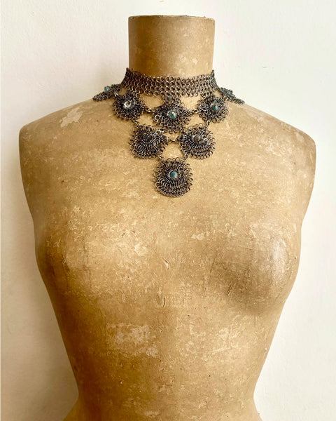 Falconiere Tiered Corsage Beaded Necklace - Silver-tone Chainmail with Tassel - made to order 3 - 6 weeks (Copy)