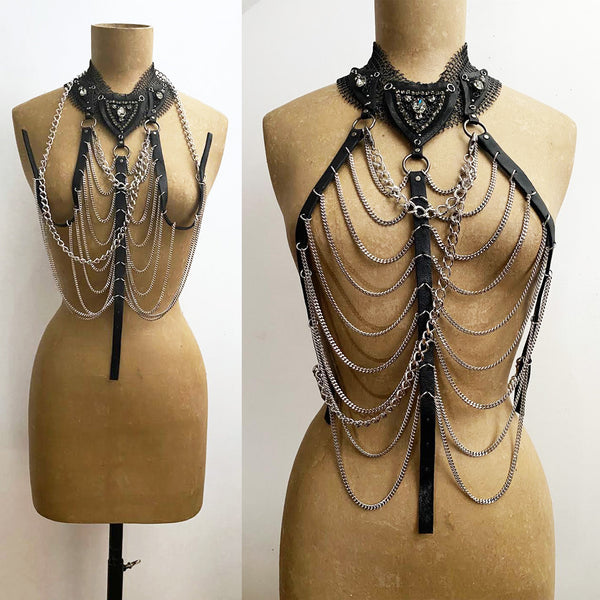 Falconiere Bridle Necklace - Black Leather Silver Chain Crystal Harness - Made to Order 3-6 weeks