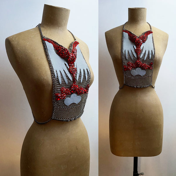 Falconiere Hand Maiden Corset - Leather Crystal Chainmail Vest - Made to Order in 3-6 weeks