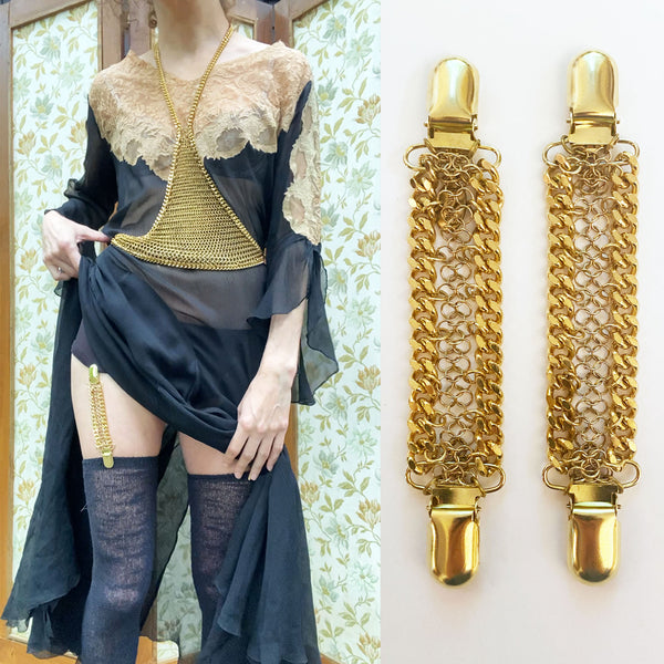 Falconiere Brass Garter Straps - Chainmail Leg Stays - Suspenders made to order 1-2 weeks