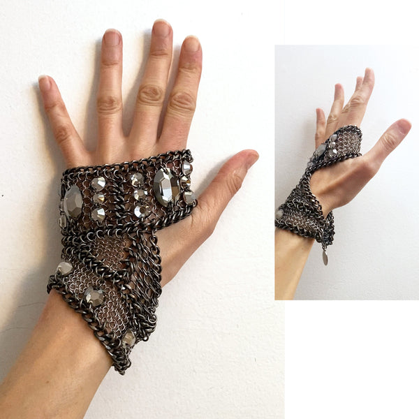Falconiere Mirrored Fingerless Glove - Antique Silver Crystal Cuff - Made to Order 3-6 weeks
