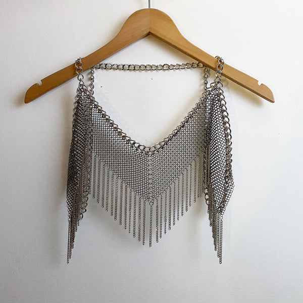 Falconiere Cabaret Halter - Made to Order 3 - 6 Weeks - Silver Tone Fringed Chainmail Bralette