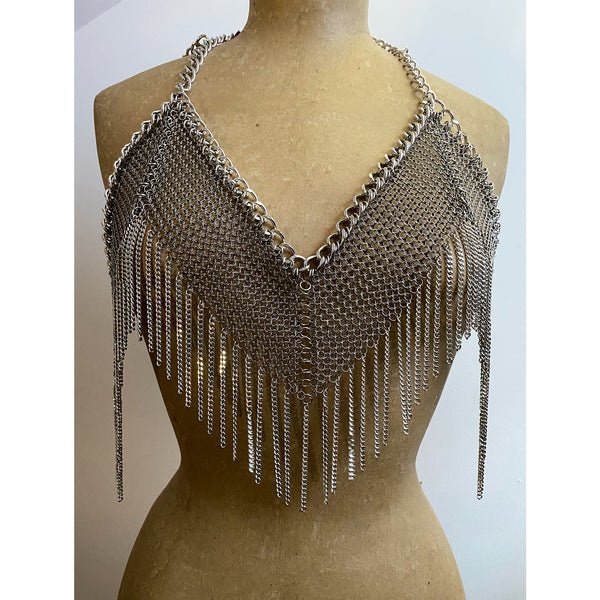 Falconiere Cabaret Halter - Made to Order 3 - 6 Weeks - Silver Tone Fringed Chainmail Bralette